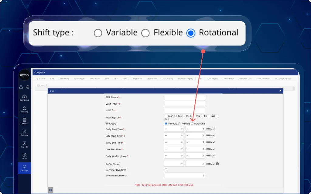 Schedule rotational shifts from the Web App A web dashboard settings panel displaying shift configuration rules with a zoomed-in view of Variable, Flexible, and Rotational shift type radio buttons.