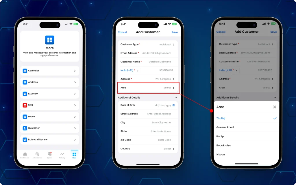 TaskEye Employee App for assigning customer areas and searching customer records using area-based filters. TaskEye Employee App showing area selection and area-based customer search during customer management.