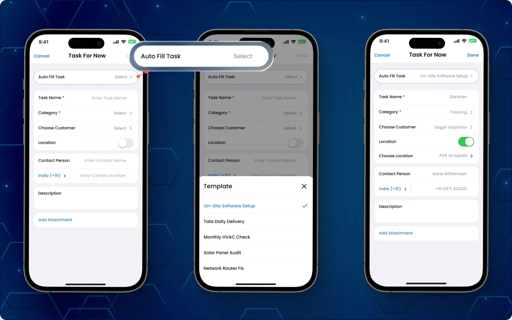 TaskEye Employee App for creating tasks with auto-fill templates and location validation before task submission. TaskEye Employee App showing Auto Fill Task templates with pre-filled task details and location verification during task creation.