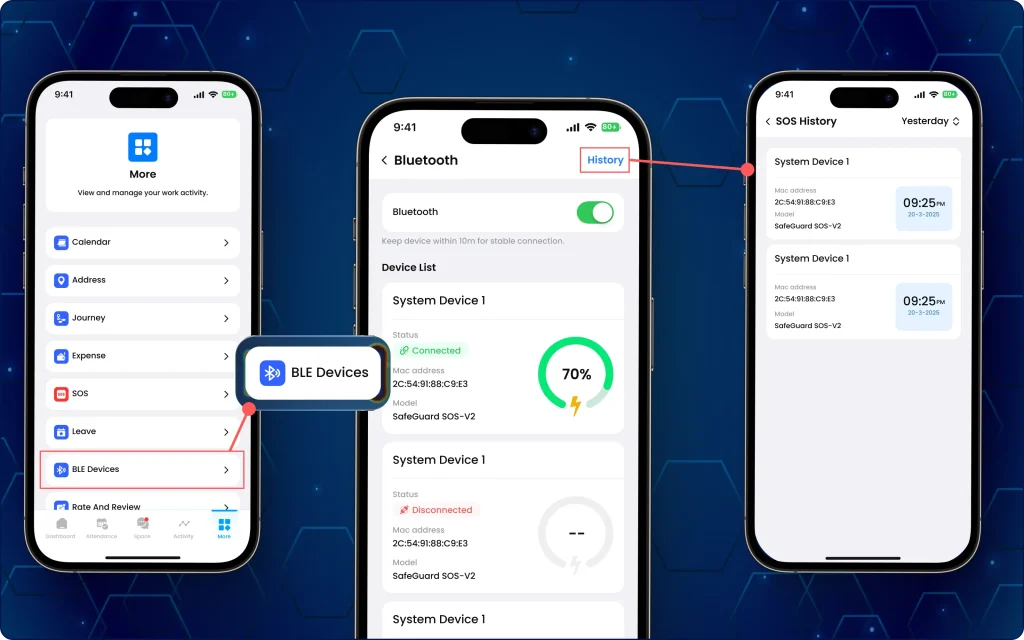 TaskEye Employee App for connecting BLE devices, monitoring battery status, and triggering instant SOS alerts. TaskEye Employee App showing BLE device connection, SOS alerts, battery status, and live device monitoring.