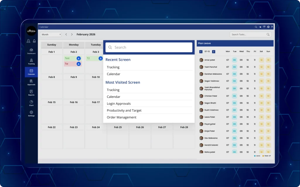 TaskEye Manager Dashboard Global Search with recent screens and most visited screen suggestions for quick navigation. TaskEye Manager Dashboard Global Search showing recent screens and most visited screens for faster navigation.