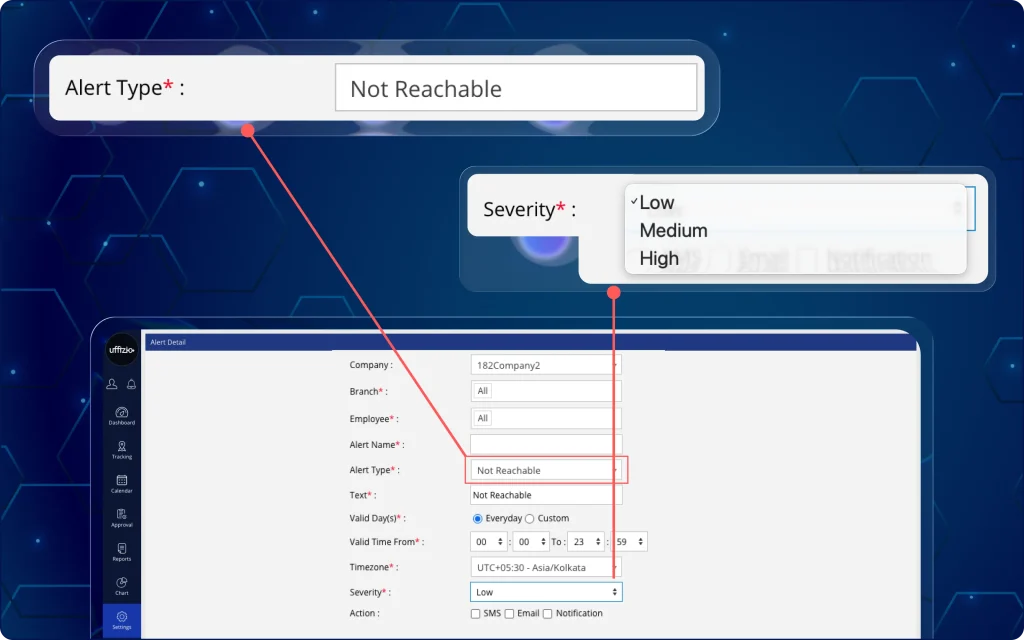 TaskEye Manager Dashboard for configuring and monitoring real-time Not Reachable alerts for employee connectivity. TaskEye Manager Web Dashboard showing Not Reachable alerts for on-duty employees with GPS or device connectivity issues.