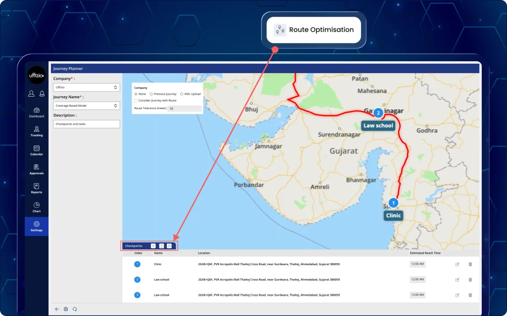 TaskEye Manager Dashboard for optimising journey routes with automatic checkpoint sequencing and map-based route planning. TaskEye Manager Dashboard showing the Optimise Route feature for automatically sequencing journey checkpoints by geographic proximity.
