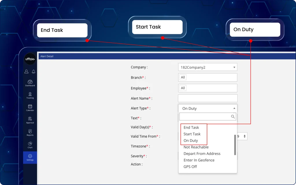 TaskEye Manager Dashboard with real-time employee activity alerts for duty status, task start, and task completion notifications. Manager Dashboard displaying real-time On Duty, Start Task, and End Task alerts for employee activity monitoring.