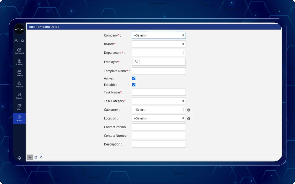 TaskEye Manager Dashboard for creating, assigning, and managing reusable task templates for field employees. TaskEye Manager Dashboard for creating, assigning, and managing reusable task templates for field employees.