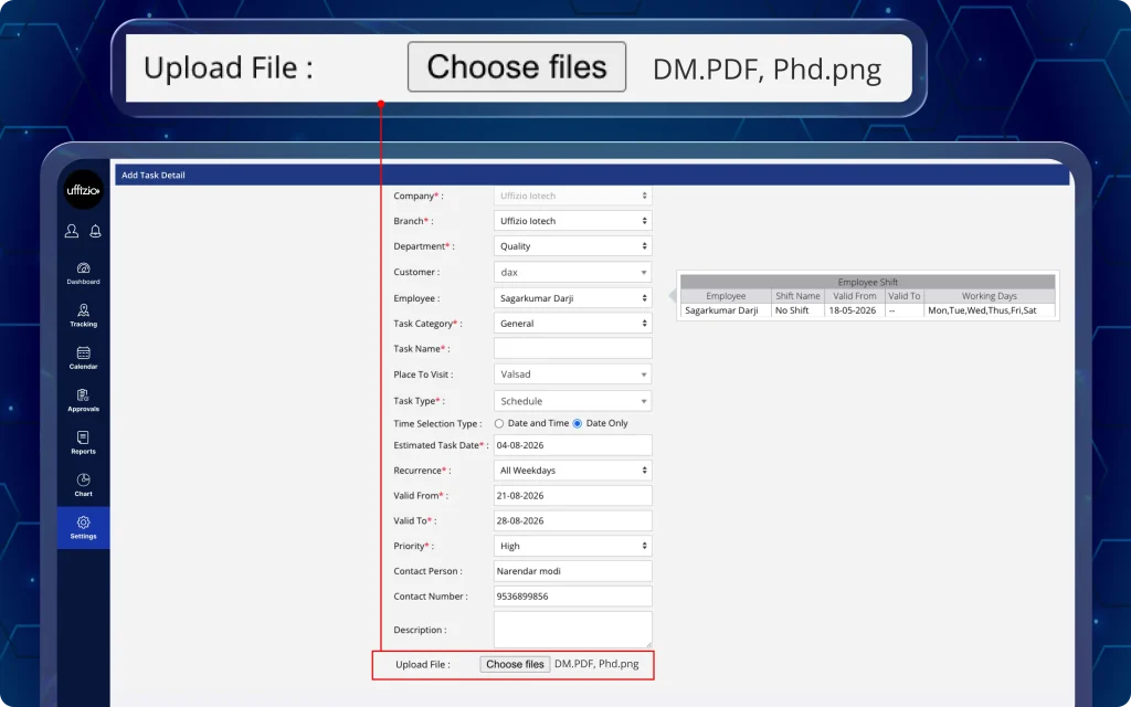 Manager attaching images, videos, and documents while assigning a task to provide complete reference materials for field employees.