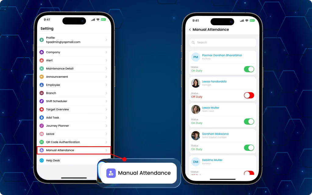 Manager marking labour attendance from the TaskEye Manager App with automatic date, time, and location capture for smartphone-free workers.