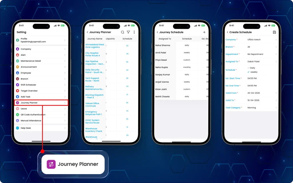 Manager reviewing employee journeys and assigning journey schedules from the TaskEye Manager App with real-time synchronization.