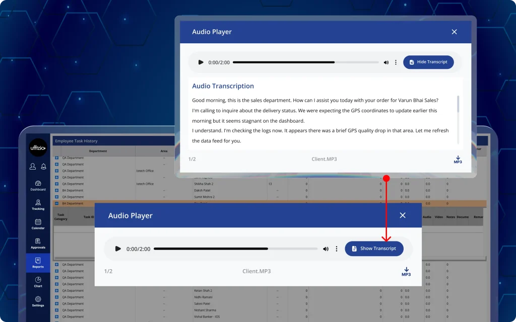 Manager reviewing English transcripts generated from regional language voice notes attached to field tasks for faster task verification.