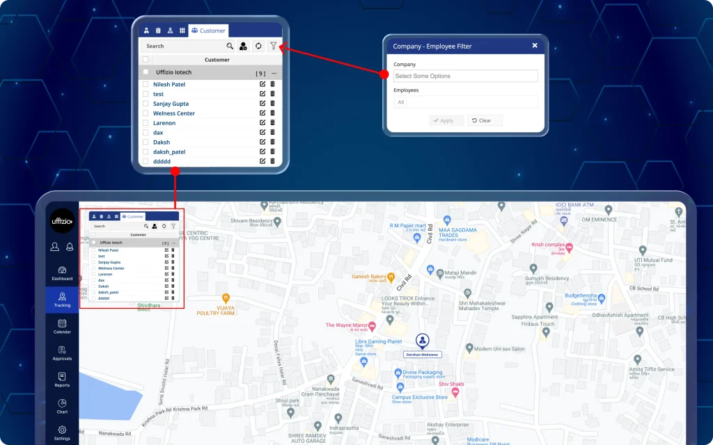 Manager viewing customer locations, employee positions, and assigned territories together on the live tracking map.