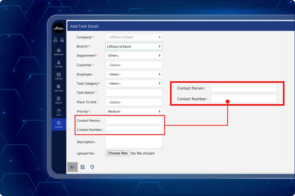 Task creation interface on the web portal highlighting Contact Person and Contact Number input fields in red boxes.