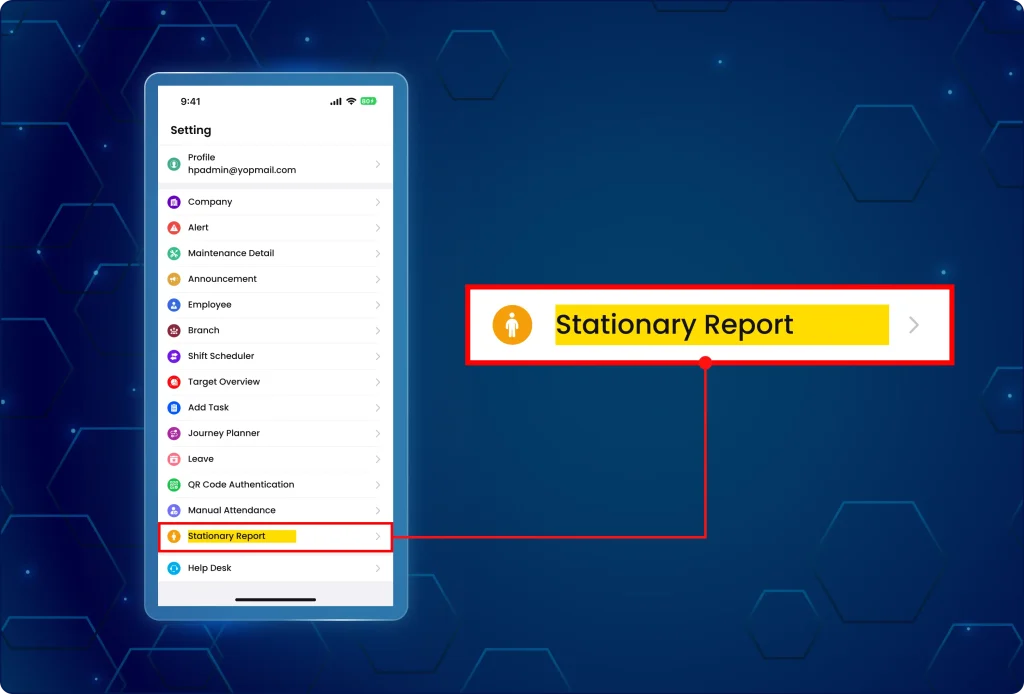Manager mobile app settings menu highlighting the stationary report navigation option in yellow and red.