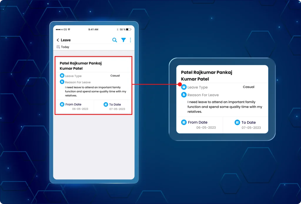 Manager Mobile app interface displaying an employee leave request card with details including leave type, reason, and start and end dates.