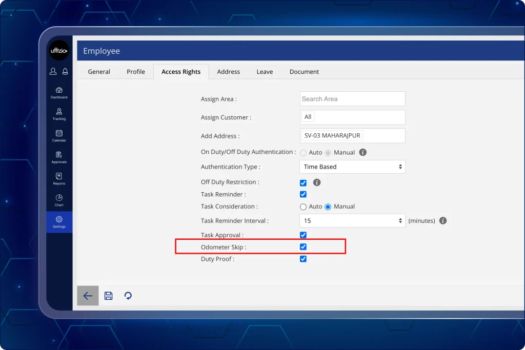 Web management console showing employee access rights settings with the Odometer Skip checkbox highlighted in red.