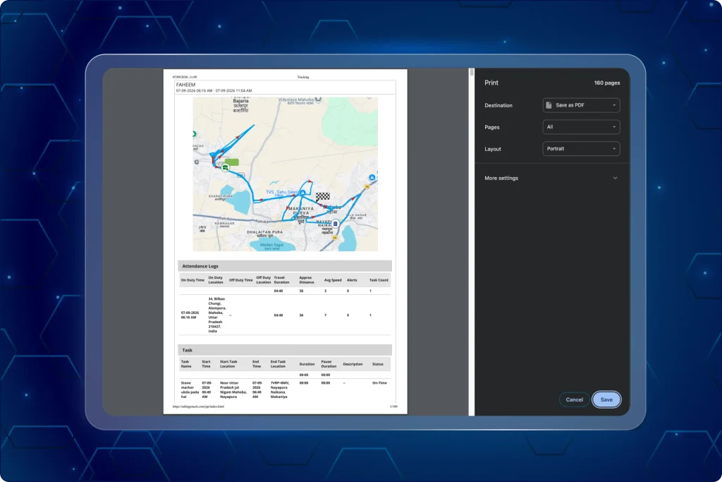 Print preview dialog showing a comprehensive PDF report with route mapping, employee attendance logs, and task status tables.