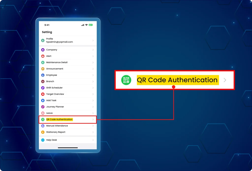 Mobile application settings menu highlighting the new QR Code Authentication navigation option in yellow and red.