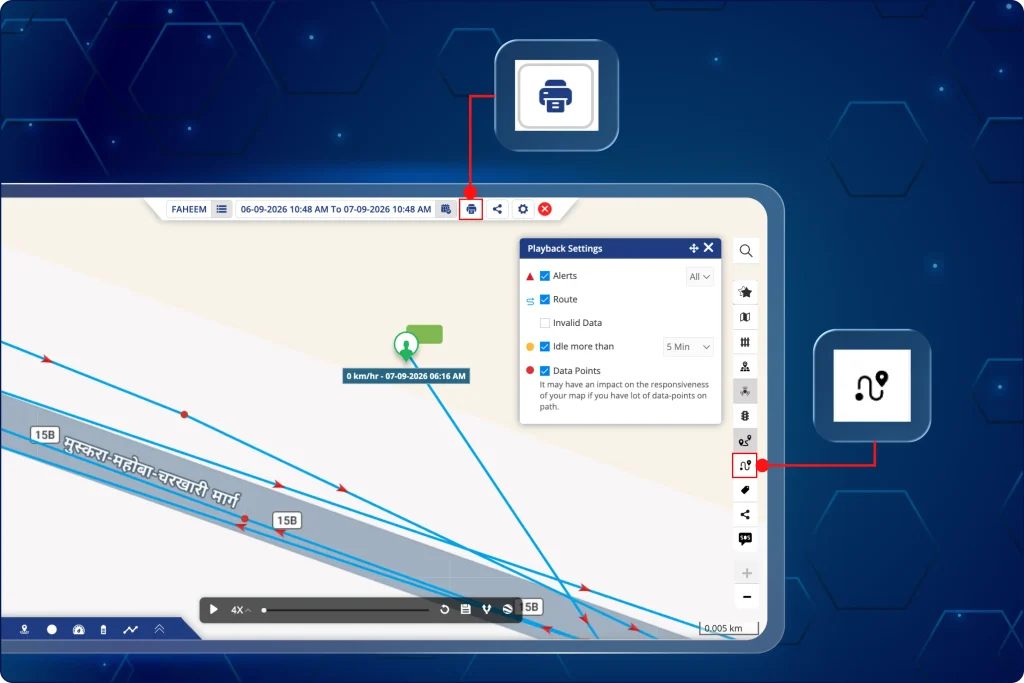 Map interface displaying route playback settings, data points, and highlighted shortcut icons for printing and route visualization.