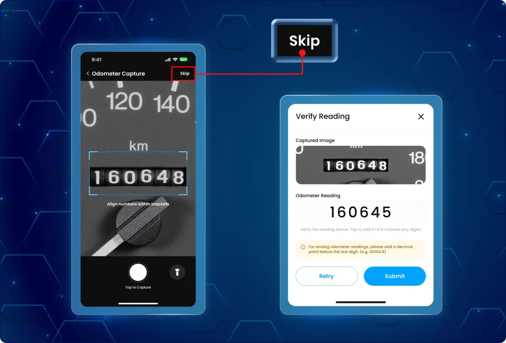 Mobile application screens displaying the camera odometer scanning interface with a Skip button and the subsequent reading verification screen.