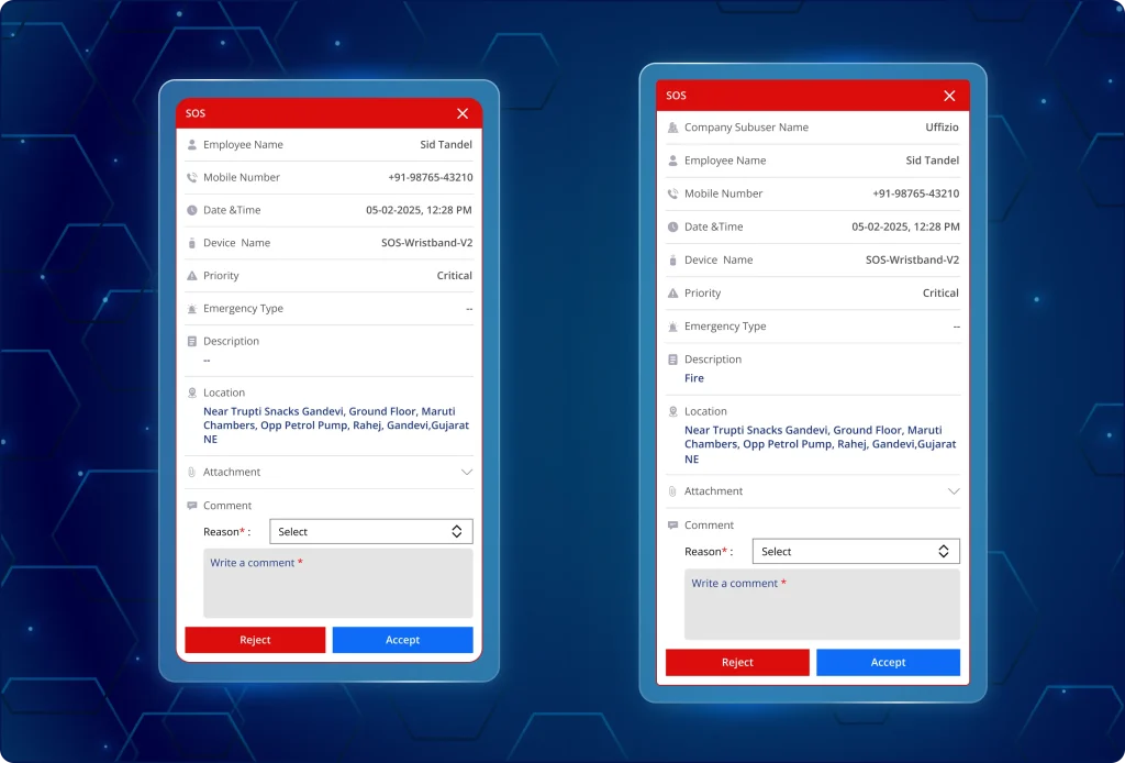 Side-by-side comparison of SOS alert pop-up dialogs highlighting employee details, incident descriptions, location, and accept or reject actions.