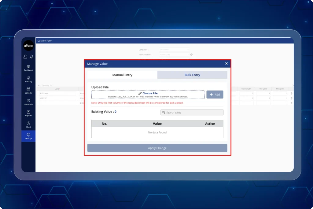 Bulk entry option for custom forms to upload dropdown values via CSV, XLS, XLSX, or TXT files.