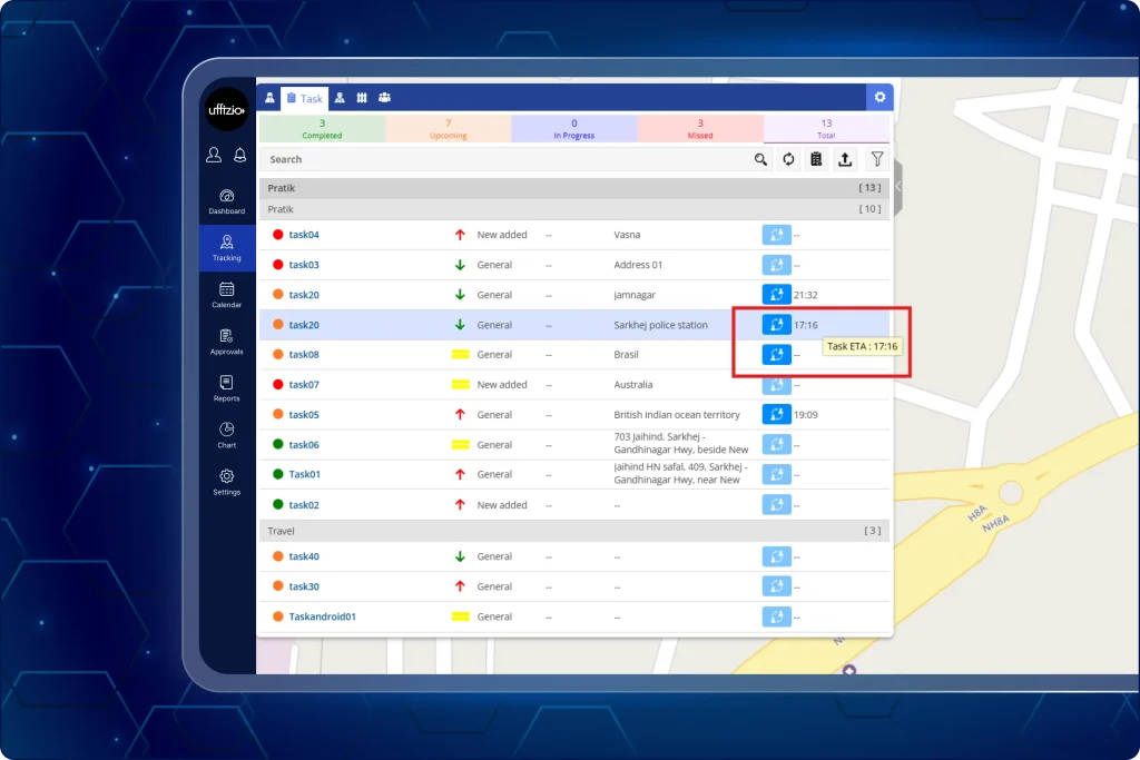 Detailed task list panel in TaskEye with a red highlight box around a blue icon displaying the tooltip Task ETA: 17:16 for a scheduled task to be performed by the field staff.