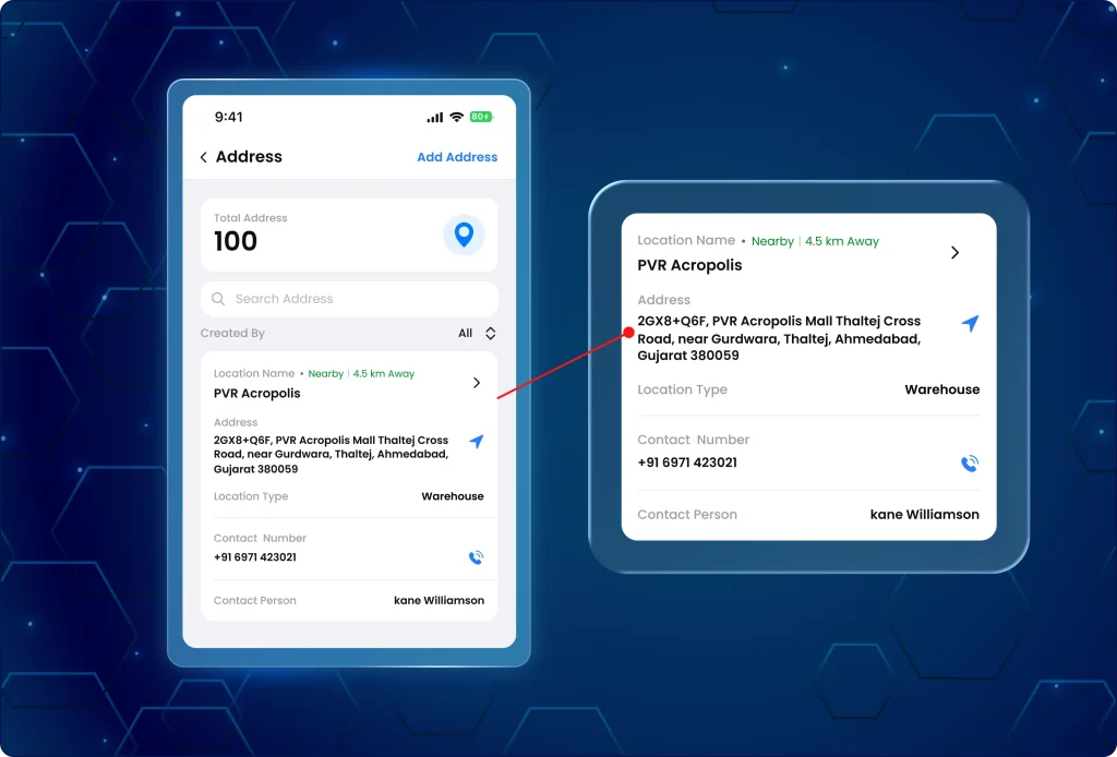 TaskEye mobile app interface displaying a saved address card with location name PVR Acropolis, warehouse type, contact person, and distance indicator marked 4.5 km away.