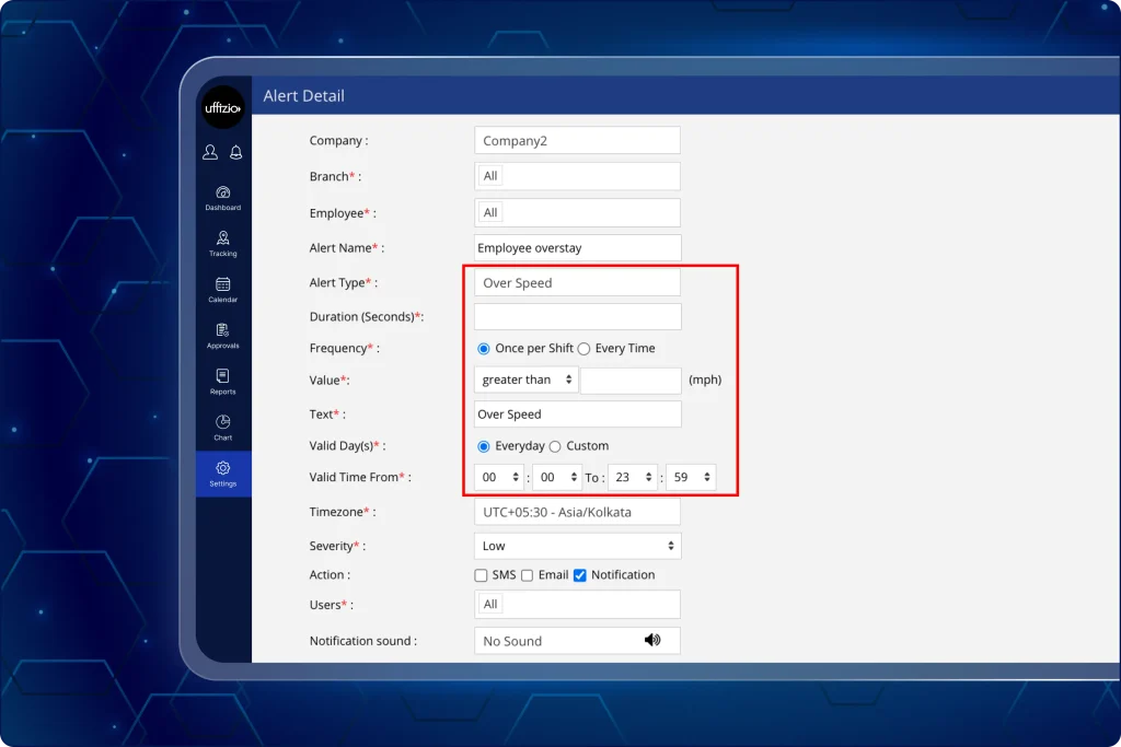 Alert Detail configuration page in TaskEye showing the Over Speed alert type with threshold fields for speed limit, frequency, and active times.