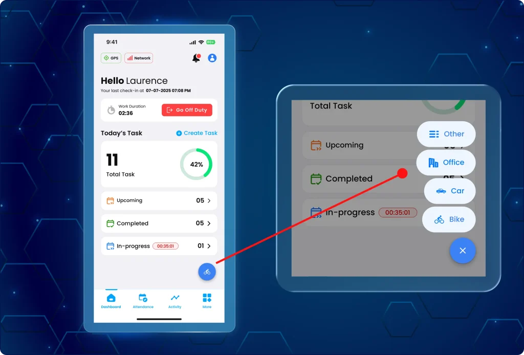 TaskEye mobile dashboard showing a popup menu above the floating action button to select travel modes including Bike, Car, Office, and Other.